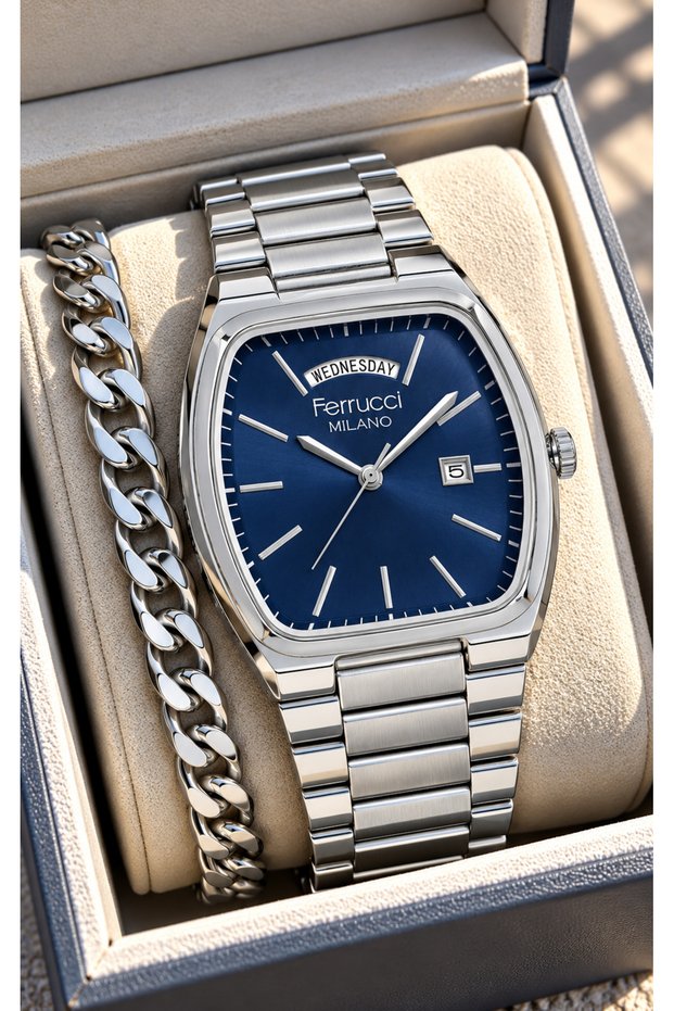 Elegant Box, with Calendar, Silver-Painted Steel Strap, Navy Blue Dial, Men’S Wristwatch + Bracelet.