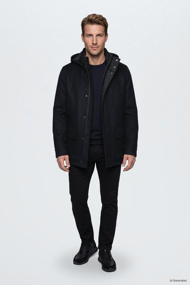 Men's Regular Fit, Stand-Up Collar, 100% Cashmere, Zippered, Long-Sleeve Black Jacket.