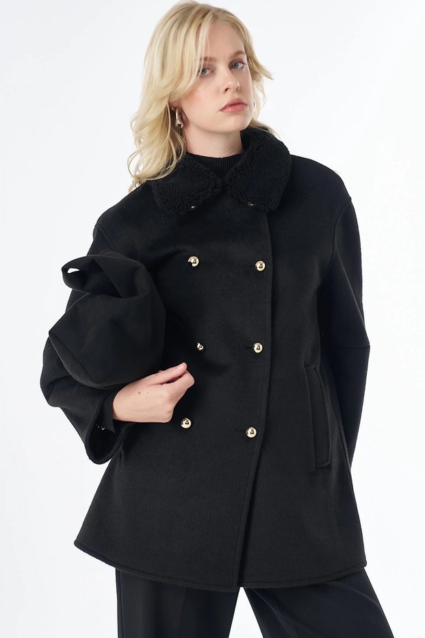 Fur Collar Wool Coat Black