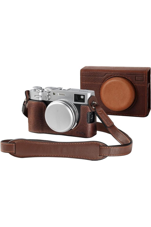 غطاء جلدي نصف مفتوح لكاميرا FUJIFILM X100VI، غطاء قابل للطي، مع حزام للكتف.