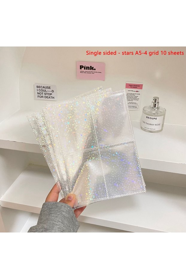 Star A5-4 grid 10PCS A5 Laser Rainbow Star Binder Sleeves 1/2/4Pockets Transparent Inside Page of Al