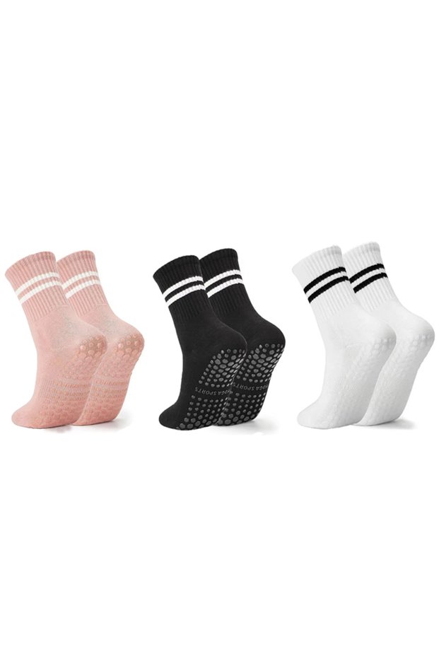 One Size 3pairs Mixed colors 3 Pairs Women Long Yoga Socks Silicone Anti-Slip Grips Non Skid Socks I