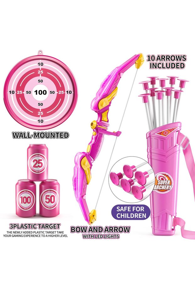 Pink Children's Bow and Arrow Set Archery Toy Set Indoor and Outdoor Toys for Boys and Girls Amuseme