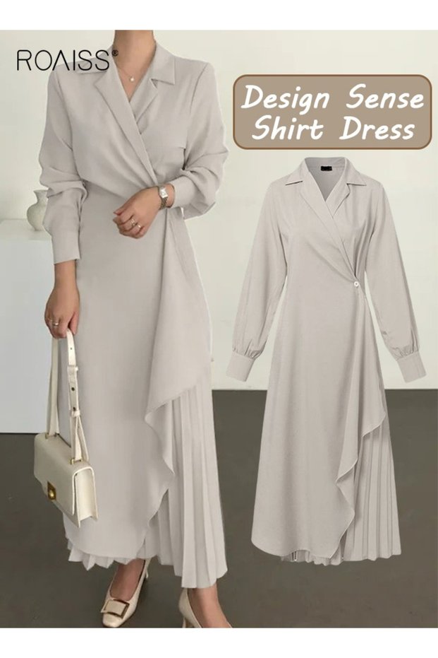 Ladies Solid Color Tunic Dress, Ladies Formal Elegant Asymmetrical Pleated Design High Waiste Dress,