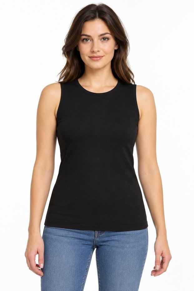 Women's Black Cotton Lycra Sleeveless Tank Top, 94% Cotton and 6% Elastane.