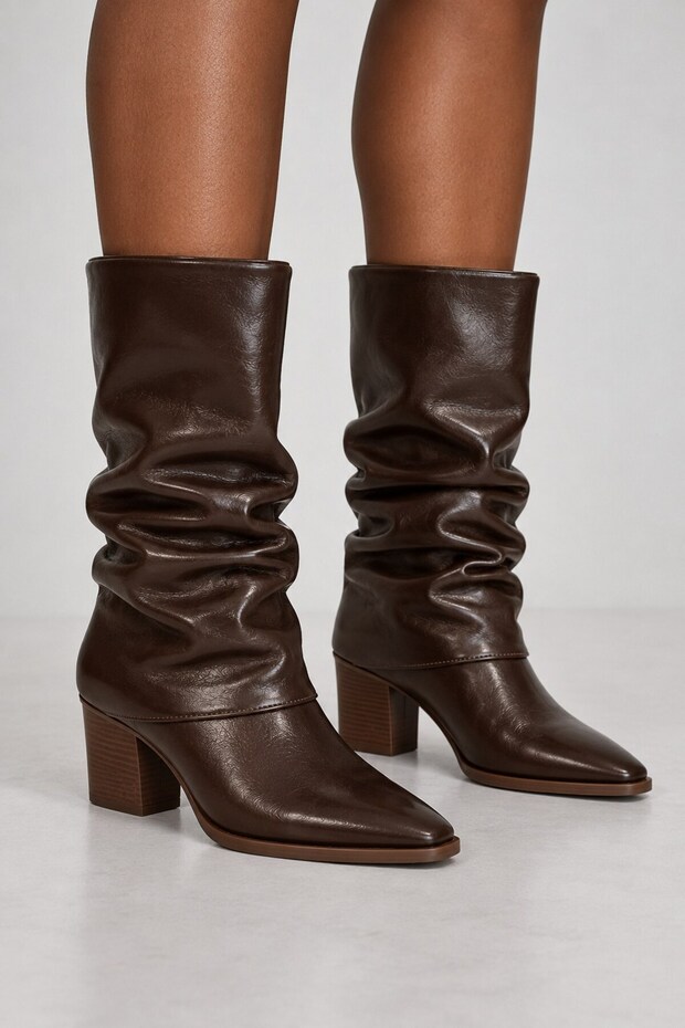 Brown Textured Women's Ruched Boots