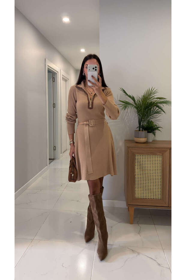 Billez Camel Long-Sleeved Knit Dress with Leather Details.