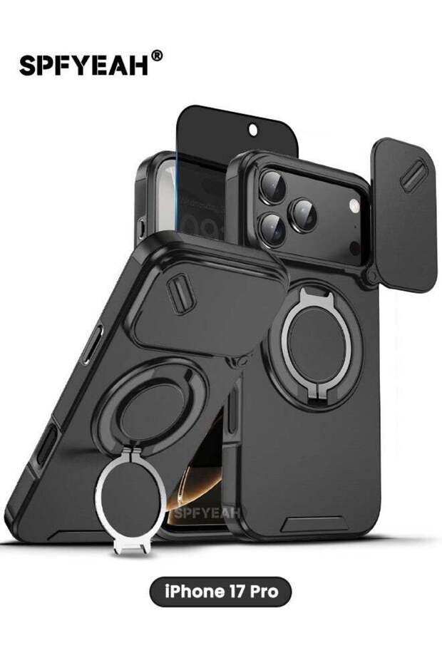 [2 في 1] غطاء حماية لهاتف iPhone 17 Pro مع واقي شاشة للخصوصية، غطاء منزلق للكاميرا، مدمج بحماية 360 درجة °