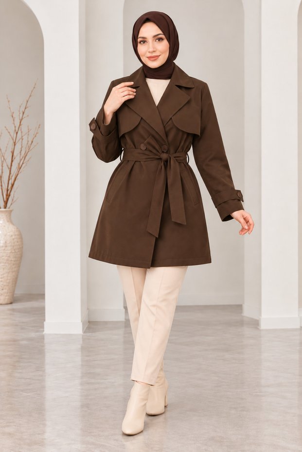 Women's Short Trench Coat with Belt, Buttoned, Wrap-Style Collar, and Pockets, Suitable for All Seasons.