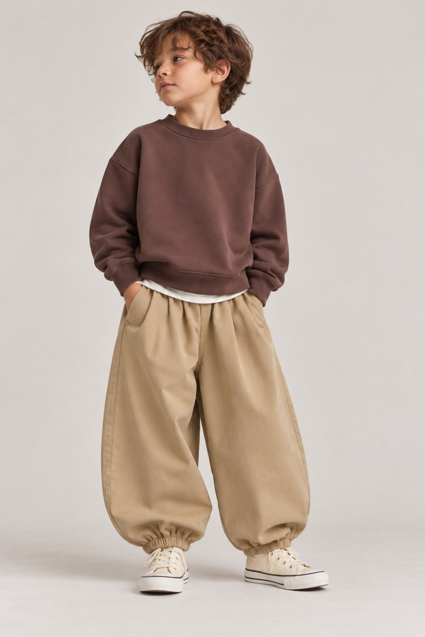 Balon Cut Beige Gabardine Pants with Pile and Label Details for Boys (3-10 Years)