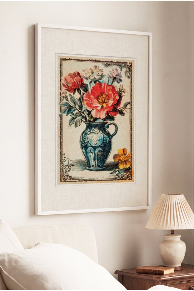 1 Piece of Vintage Painting with a Classic Flower Arrangement Theme, Set in a White Wooden Frame.