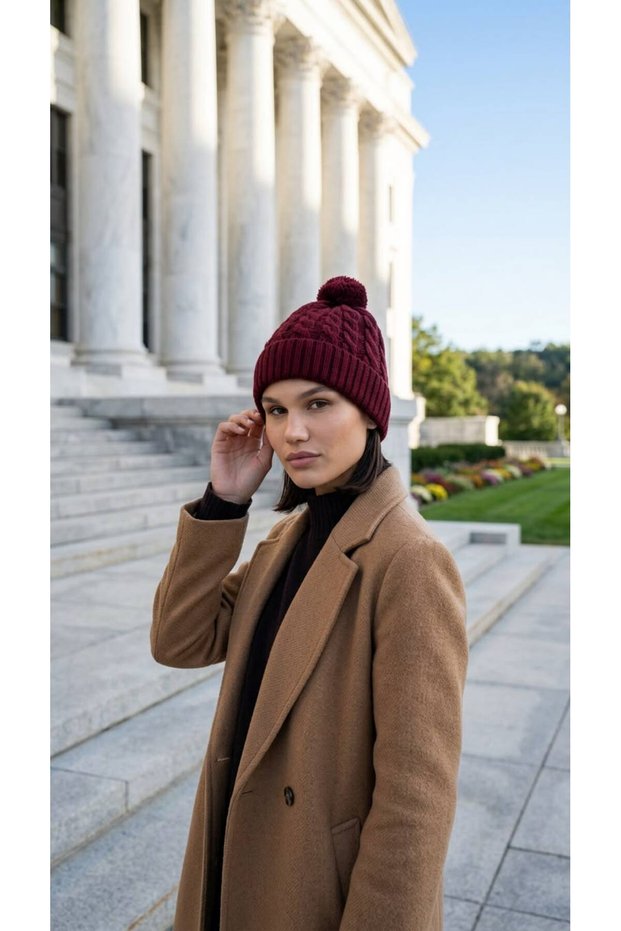 Burgundy Patterned Knit Beanie