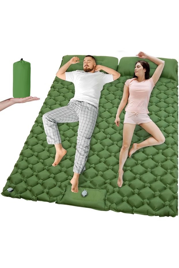 T2312Army green Outdoor Camping Double Inflatable Mattress Extra Wide Sleeping Pad Ultralight Foldin