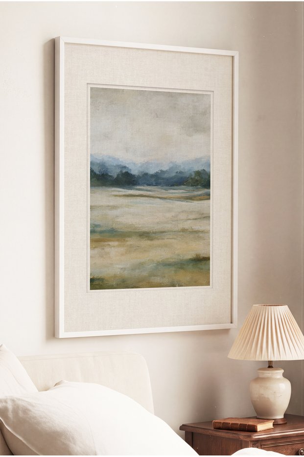 1 Piece of a Vintage Painting with a White Wooden Frame, Featuring the Concept of “The Silence of the Deserts”.