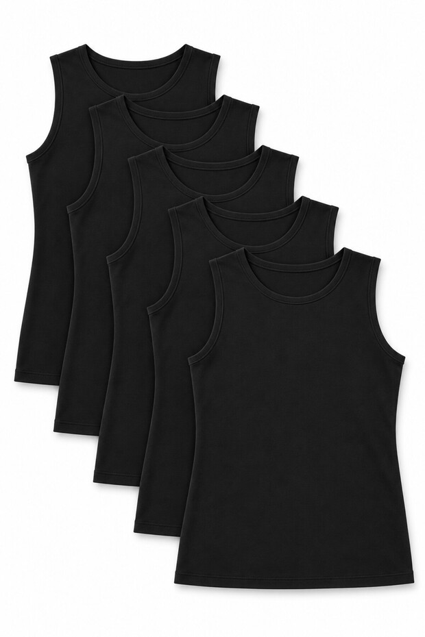 Women's Black 5-Pack Cotton Spandex Round Neck Sleeveless Tank Top, 94% Cotton, 6% Elastane.