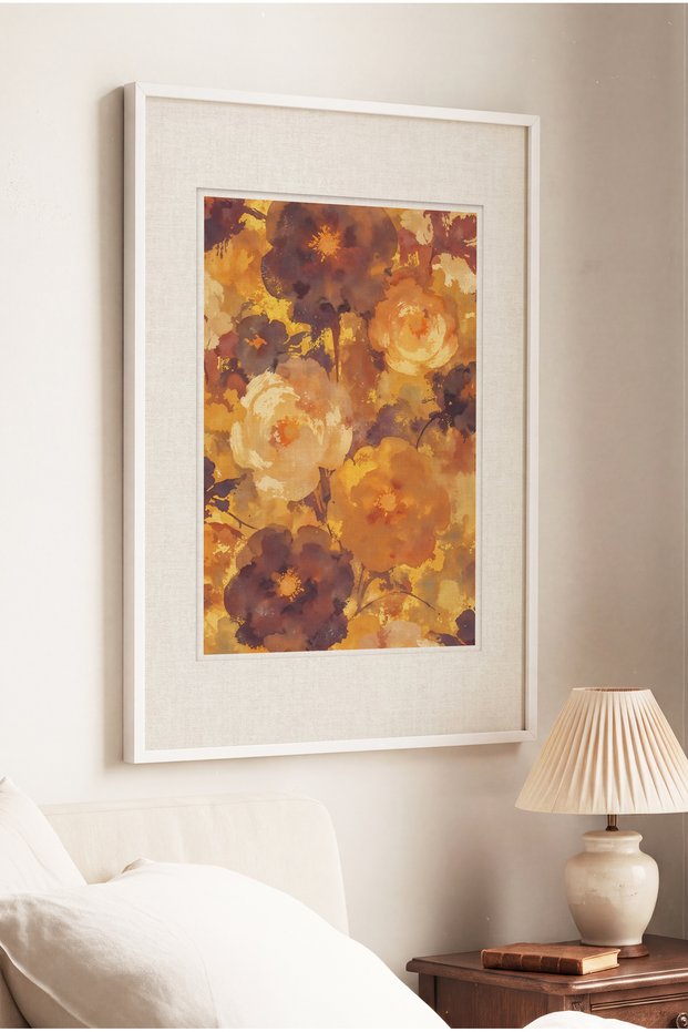 1 Piece of Vintage Painting with a White Wooden Frame, Featuring an Amber Flower Theme.