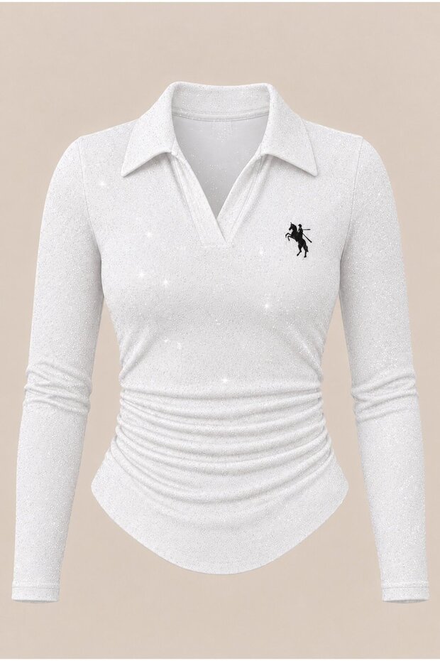 Polo Collar Blouse with Silver Embroidery and Ruffled Details