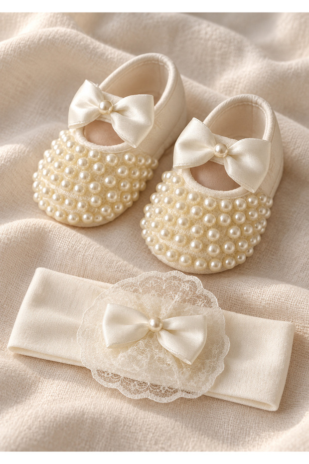 Ecru Pearl-Embellished Bowknot Baby Girl Booties and Hairband Set Yrn-102