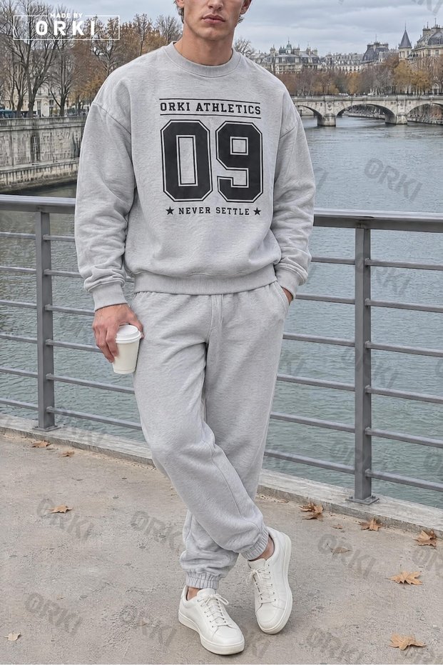Athletics 09, Typography Number Print, Melange Grey, Unisex Sweatshirt and Jogger 2-Piece Set.