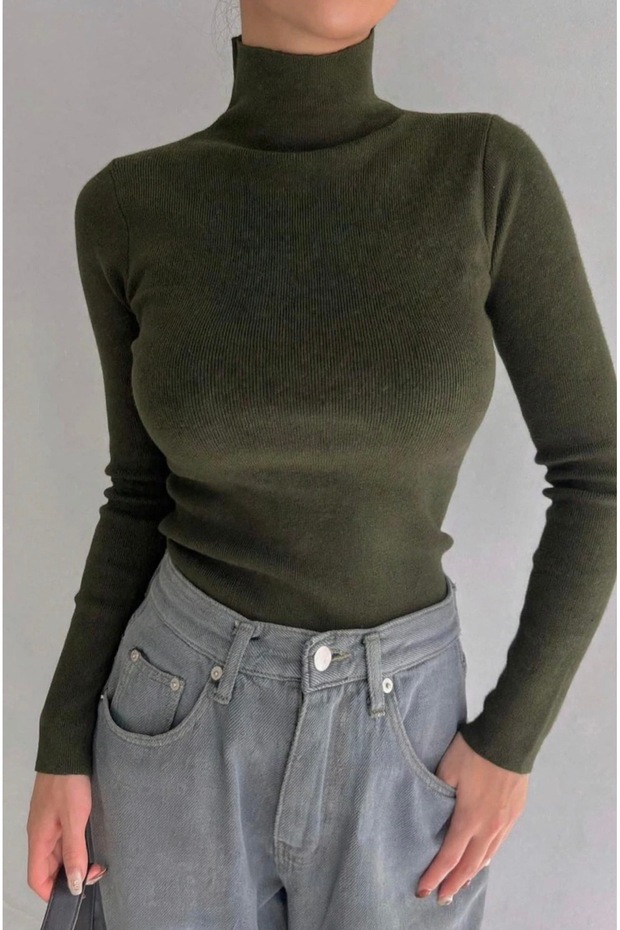 Khaki Green Unisex Premium Cotton Turtleneck Ribbed Knit Slimfit Pullover Sweater.