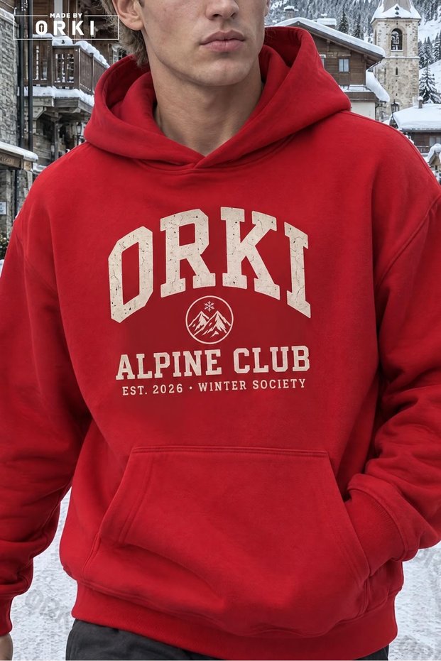 Alpine Club Mountain-Themed Printed Red Unisex Oversized Hoodie.