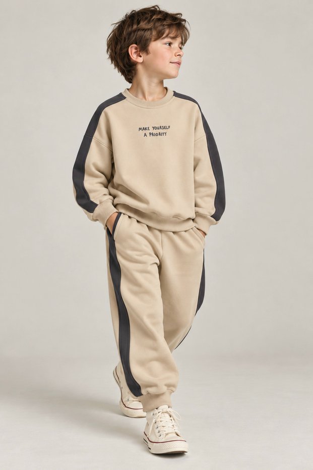Stone-Gray Trimmed Oversize Sweatshirt for Boys, 100% Cotton, Motto Track Suit Set (3-10 Years)
