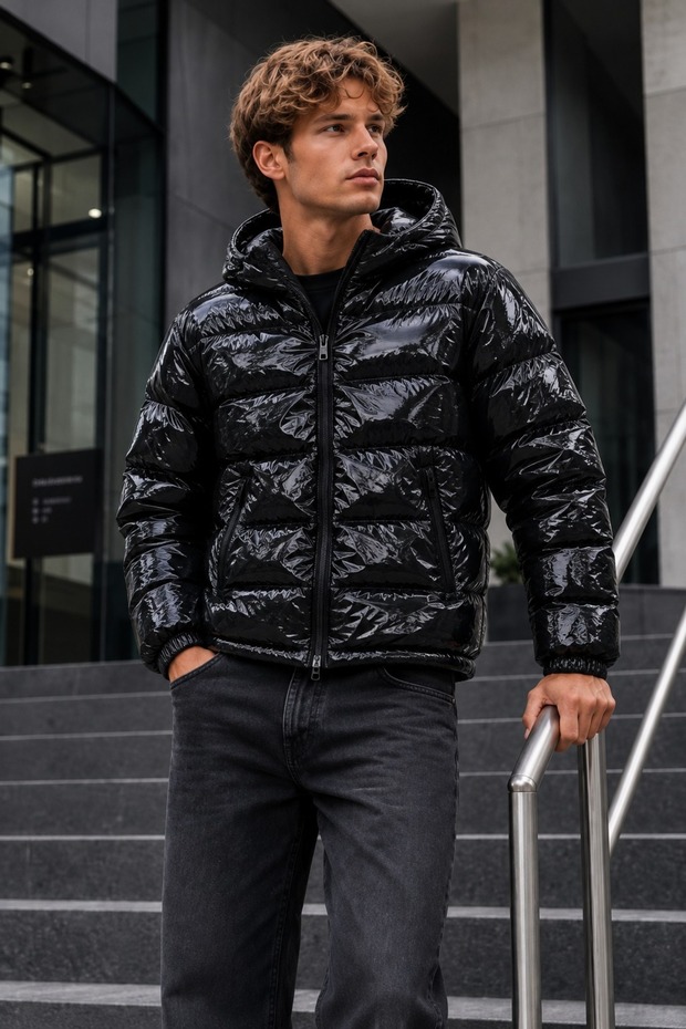Men's Hooded Shiny Winter Casual Black Coat