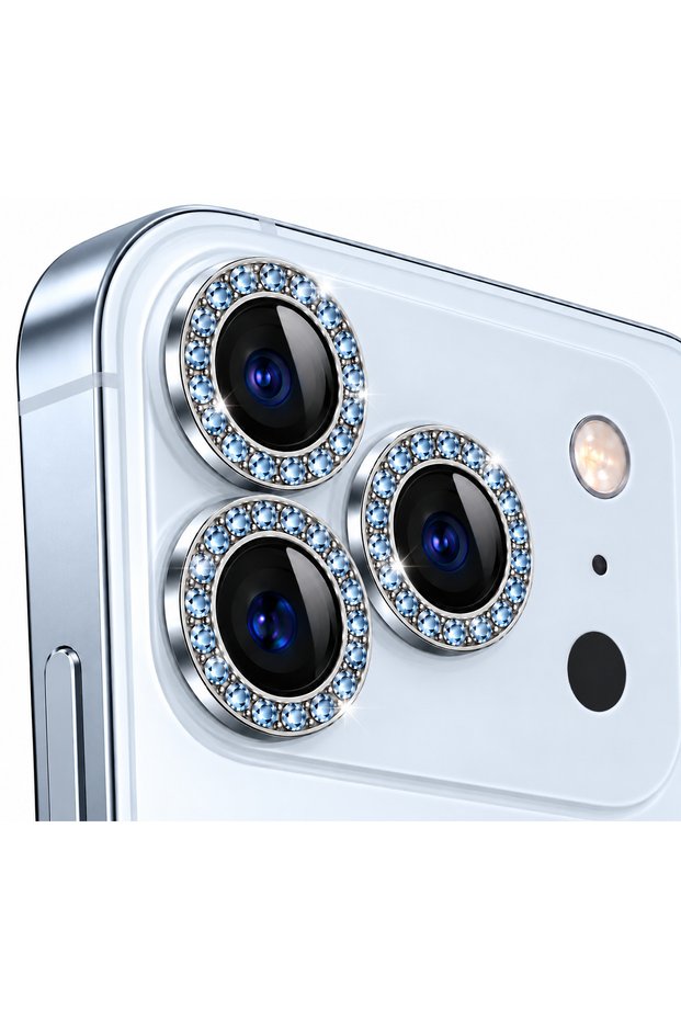 iPhone 18 Pro / 18 Pro Max Camera Lens Protector with Light Blue Stone Accents.