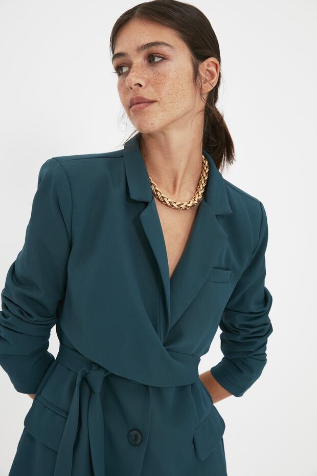 Emerald Green Regular Lined Tied Woven Blazer Jacket TWOAW21CE0320 - 2
