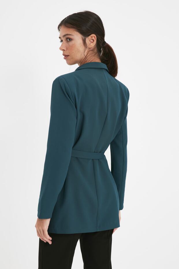 Emerald Green Regular Lined Tied Woven Blazer Jacket TWOAW21CE0320 - 5