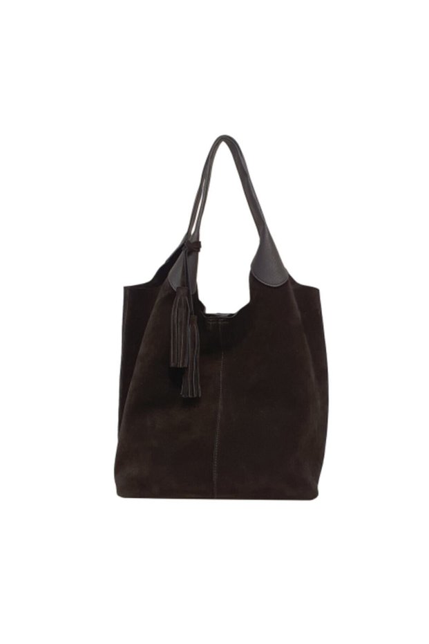 Genuine Leather Suede Two Handle Tassel Detailed Women's Shoulder Bag Black Yc011969dsu