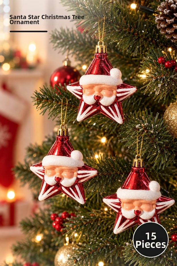 Set of 15 Christmas Tree Ornaments Featuring Santa Claus and Star Figures – Figurine Christmas Tree Ornaments – Christmas Tree Decorations – Santa Star