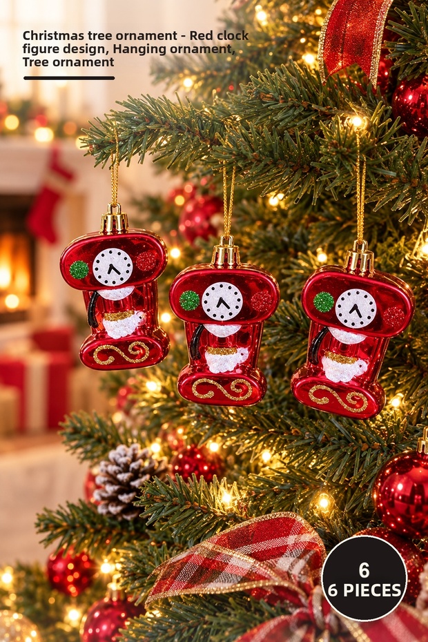 Set of 6 New Year's Hanging Ornaments – Christmas Decorations with a Red Fir Tree Design and Clock Motifs, Hanging Ornaments, Tree Ornaments