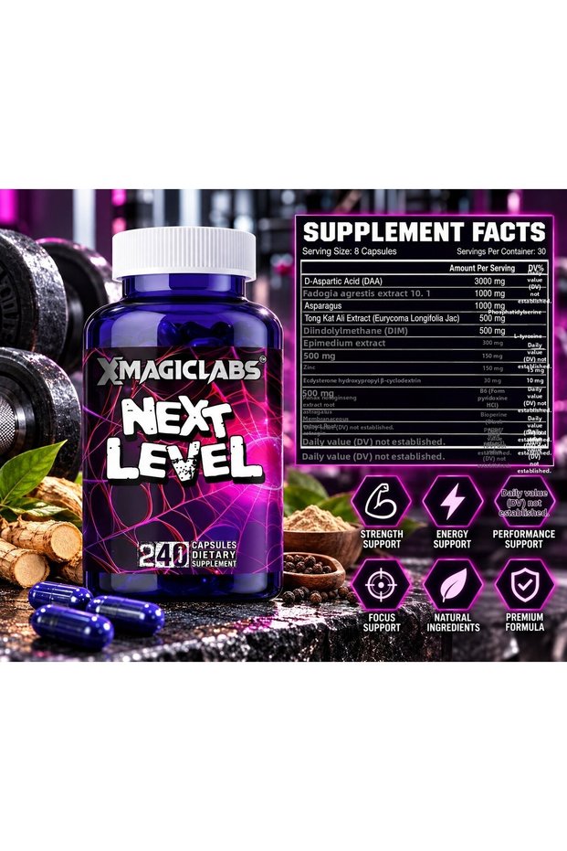NEXT LEVEL Test Booster: D-Aspartic Acid, Fadogia agrestis, Tongkat Ali, and Tribulus 240