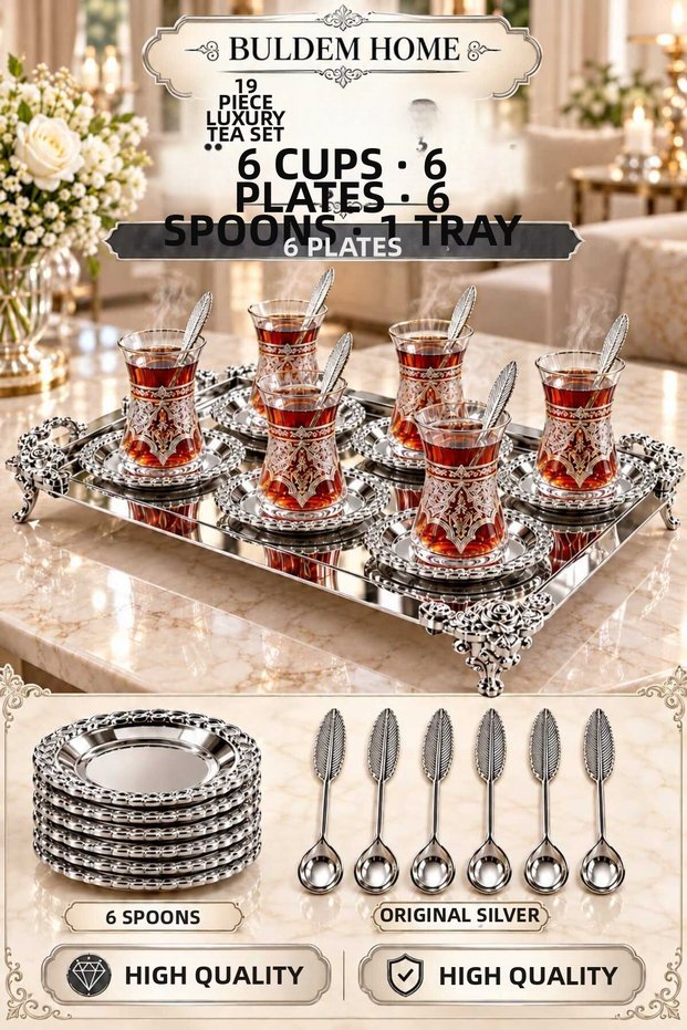 Silver-Platinum Pantokraf: 1 tray, 6 plates, 6 glasses, 6 spoons—19-piece set