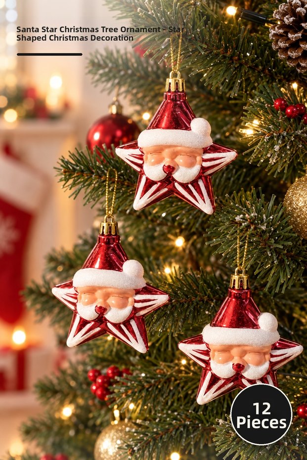 Set of 12 Christmas Tree Ornaments Featuring Santa Claus and Star Figures – Figurine Christmas Tree Ornaments – Christmas Tree Decorations – Santa Star