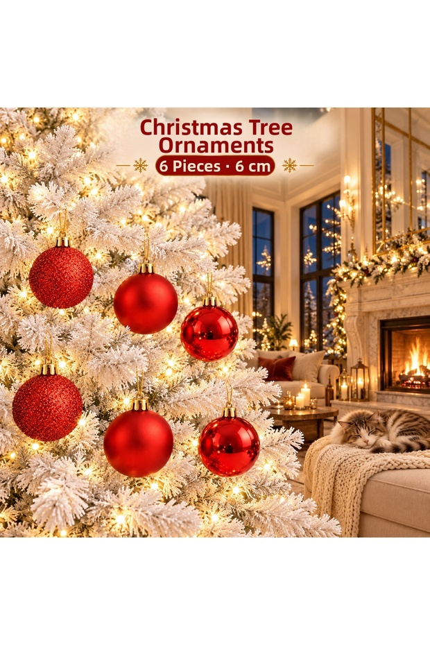Set of 6 New Year's Tree Ornaments, 6 cm Each: Matte, Glossy, and Glittery Decorative Hanging Ornaments
