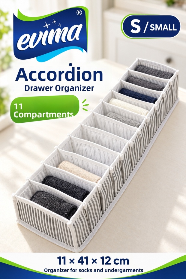 Small 11-Compartment Accordion Drawer Organizer – Sock and Underwear Organizer 11 × 41 × 12 cm