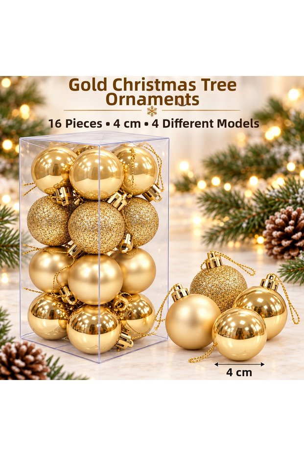 Set of 16 4-cm Christmas Tree Ornaments—4 Different Designs: Matte, Glossy, and Glittery Decorative Ornaments