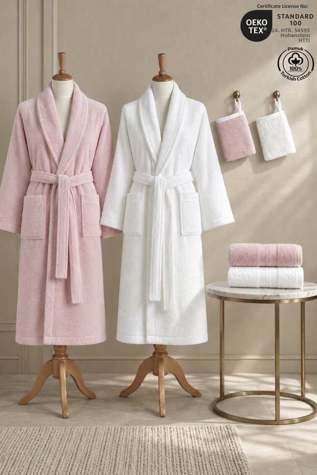 Eldy 6-Piece Family Bathrobe Set, 100% Certified Cotton Striped Bathrobe Set, Wedding Trousseau Set, White - Pink