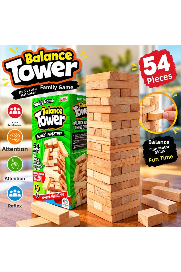 HED023 Wooden Balance Tower, 54-Piece Educational Family Game, Ages 3 and Up