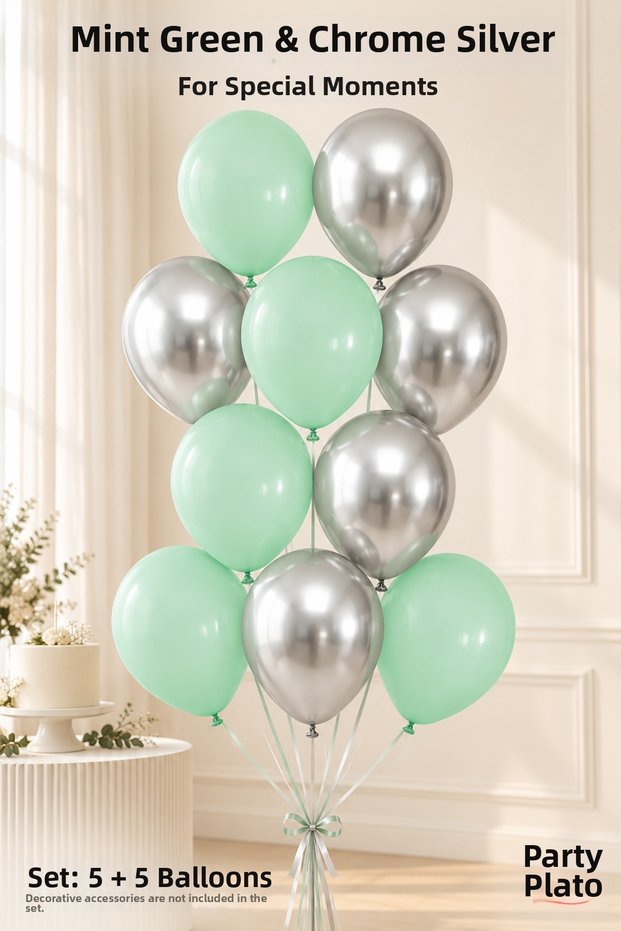 Set of 10 Green and Chrome Silver Latex Balloons, 11 Inches, 5+5, for Birthday Party Decorations