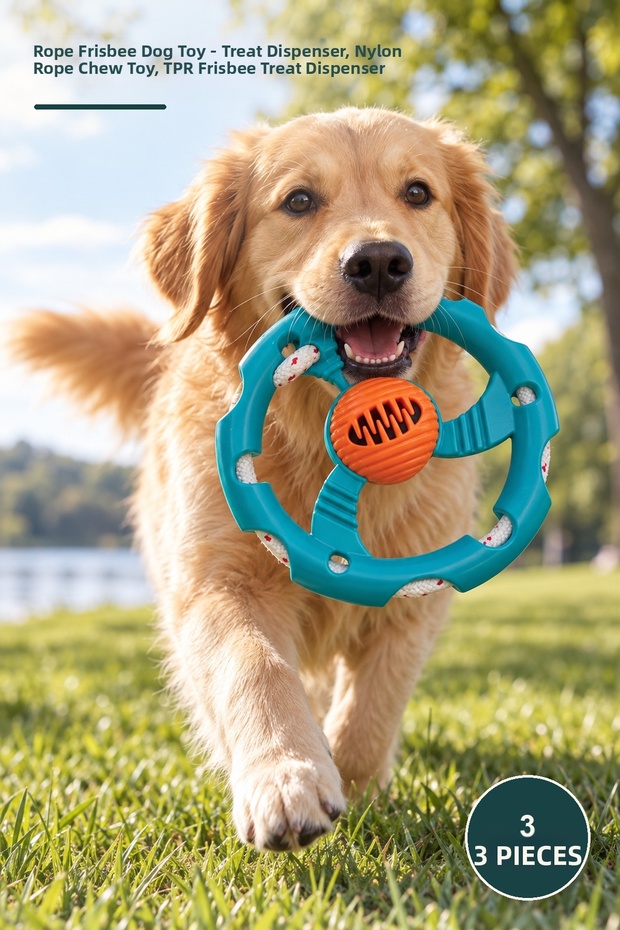 Set of 3 Rope Frisbee Dog Chew Toys – Durable TPR Chew Toy, Treat Dispenser, Braided Nylon Rope, Dog Chew Toy