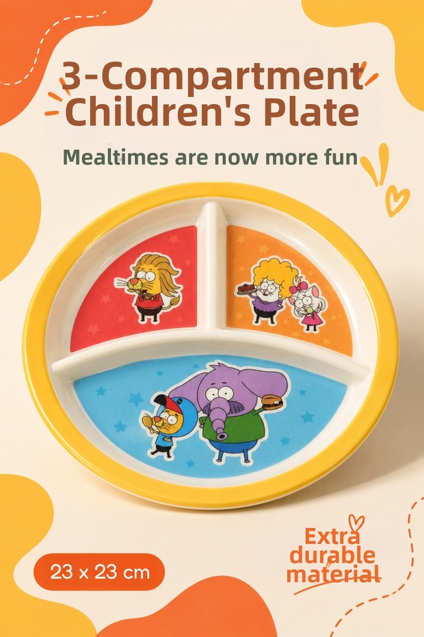 Licensed 3-Compartment King Şakir Character Melamine Children's Plate—Extra Durable Melamine Children's Plate—Children's Meal Plate—3-Compartment Yellow