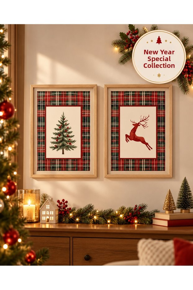 New Year's Framed Art Set (Set of 2) with Christmas Tree and Reindeer Motifs—Vintage-Style Natural Wood Wall Decor