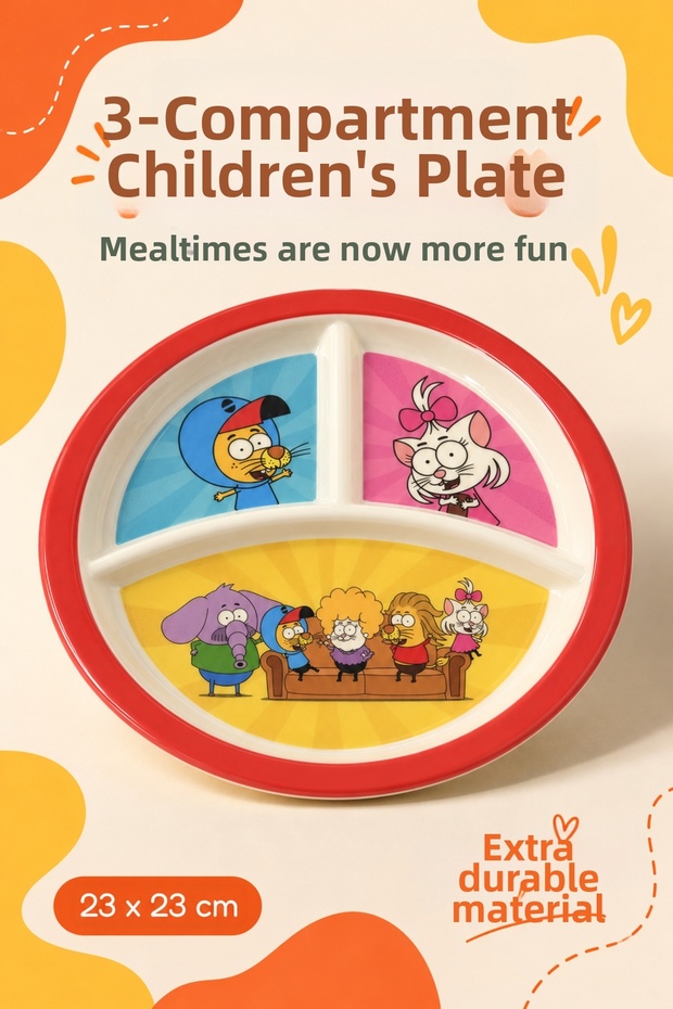 Licensed 3-Compartment "King Şakir" Character Melamine Children's Plate—Extra Durable Melamine Children's Plate—Children's Meal Plate—3-Compartment Red