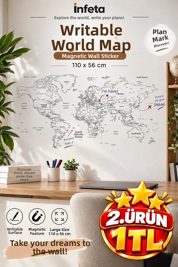 110 X 56 cm Writable Magnetic World Map Wall Sticker Whiteboard