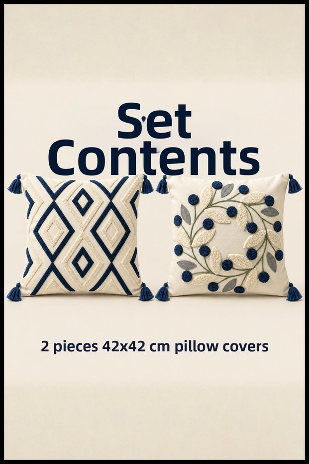 2 Decorative Kilim Rug and Daisy-Patterned Cushion Covers with Invisible Zippers and Tassels, 42x42 cm