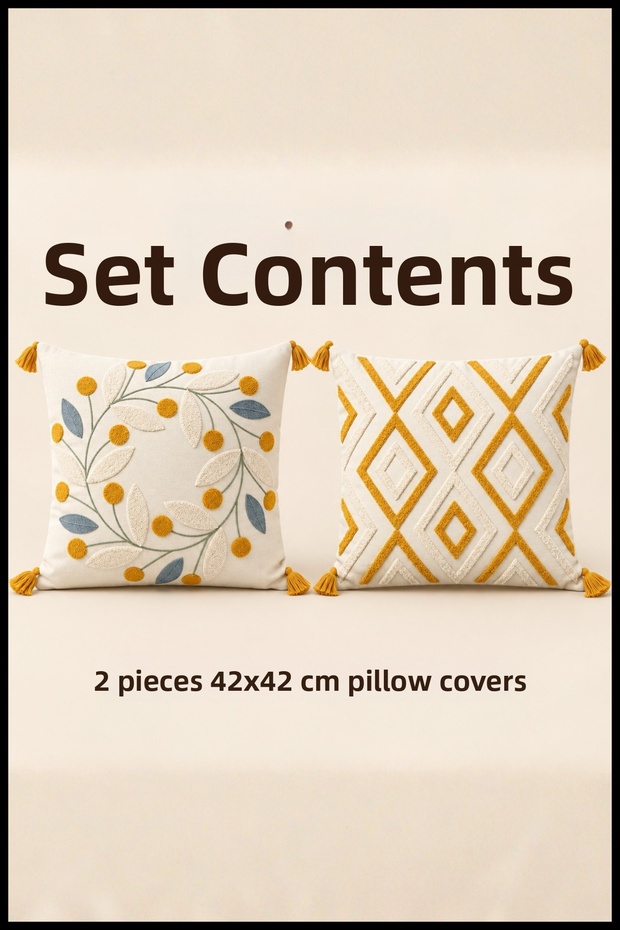 2 Decorative Kilim Rug and Daisy-Patterned Cushion Covers with Invisible Zippers and Tassels, 42x42 cm