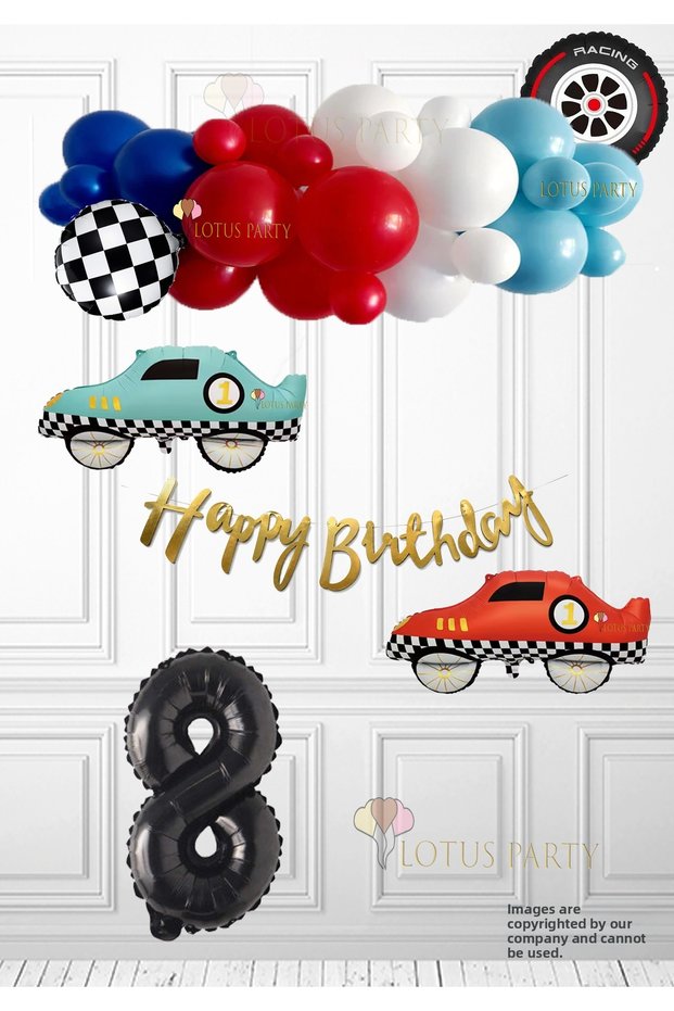 Retro Race Car Birthday Set - Pinterest Cars Theme - 2 Retro Race Cars - Checkers - Wheel-Shaped Foil Balloons, Blue and Red Balloons